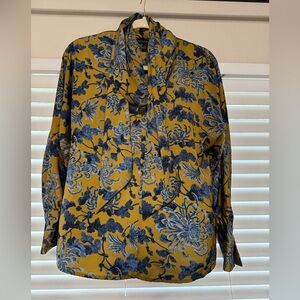 Banana Republic Factory Blue and Yellow Floral Scarf Neck Blouse